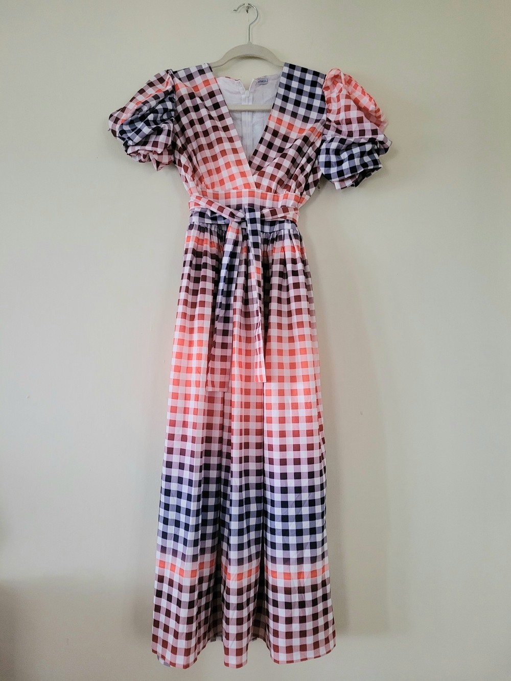 Gingham Puff-Sleeve Maxi Dress - Pink/Black